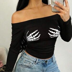 iHeartRaves Black Off-Shoulder Skeleton Sweater